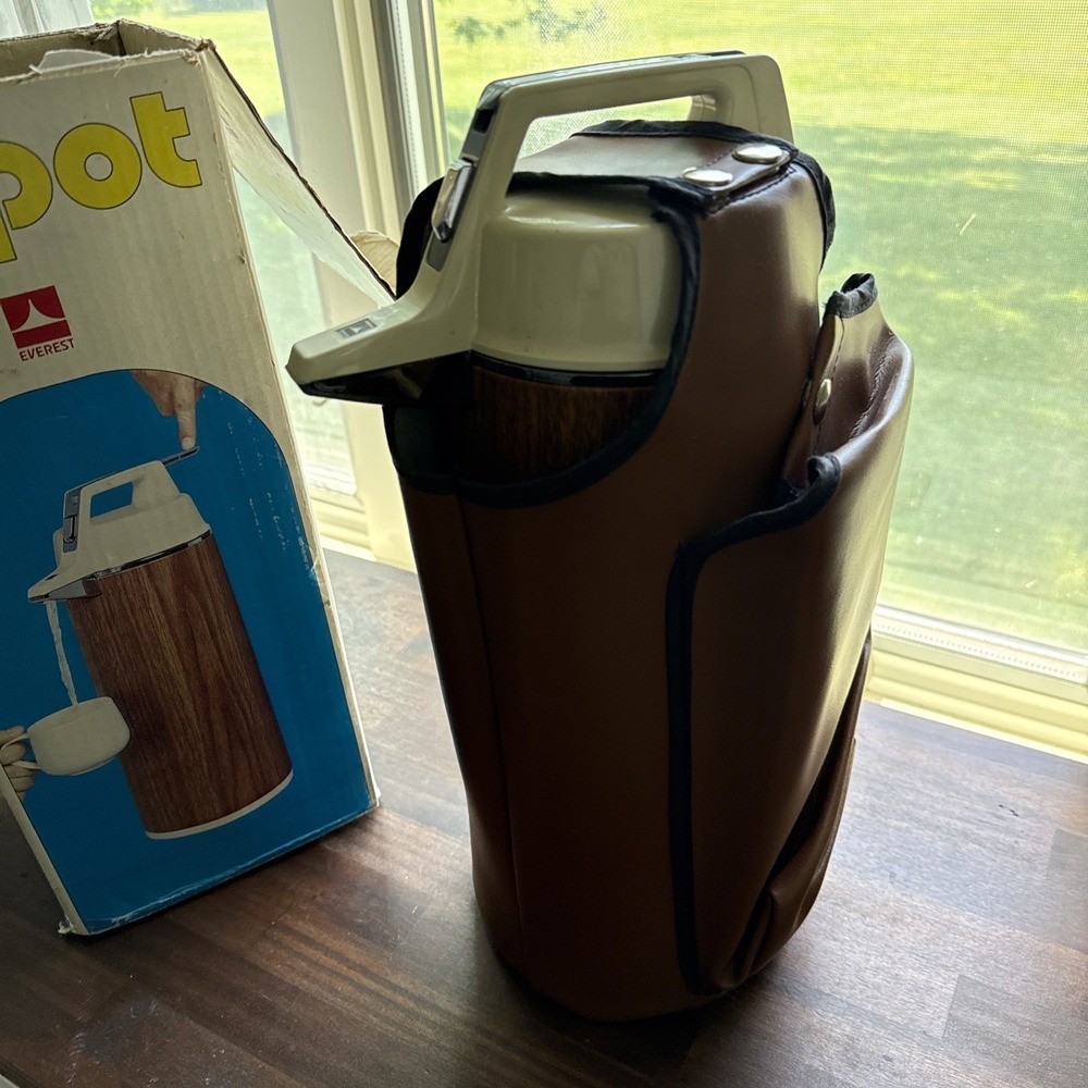 Rare Vintage Wood Panel Airpot Coffee Dispenser Vacuum Thermos With Carry Case